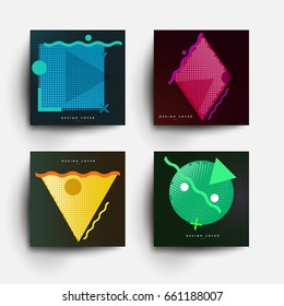 Set of abstract design background in geometric modern pop art memphis style. Trendy templates for cover posters, banners, placards, pictures. Mockup branding, advertisement. Vector illustration.