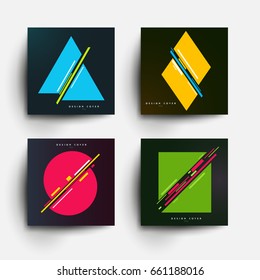 Set of abstract design background in geometric modern pop art memphis style. Trendy templates for cover posters, banners, placards, pictures. Mockup branding, advertisement. Vector illustration.