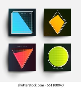 Set of abstract design background in geometric modern pop art memphis style. Trendy templates for cover posters, banners, placards, pictures. Mockup branding, advertisement. Vector illustration.