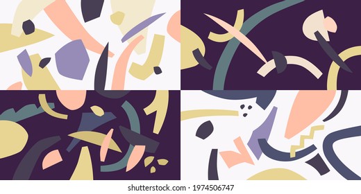 A set of abstract design backgrounds. Illustrations with flat shapes drawn by hand. Compositions of colored spots. Vector illustration.