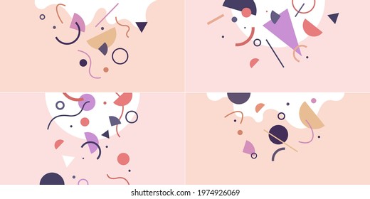 A set of abstract design backgrounds. Illustrations with flat figures of geometric and wavy shapes. Compositions of colored spots. Vector illustration.