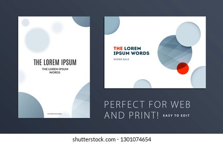 Set of Abstract design brochure in modern style, creative catalog, flyer in A4 with grey blue circles for branding, presentation, marketing kit. Business vector cover