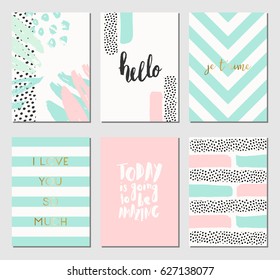 A set of abstract design cards in mint green, white and pastel pink. Modern and stylish abstract composition poster, cover, card design.