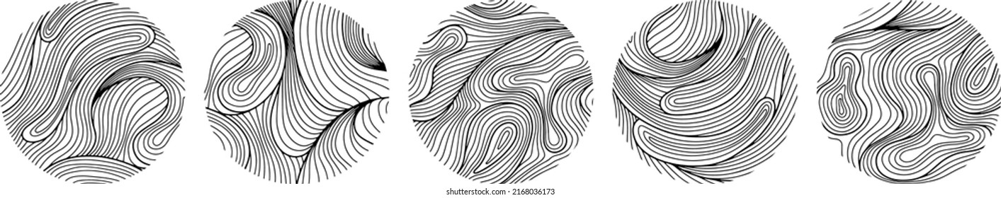 Set of abstract design. Circle dynamic waves and lines. Hand drawn simple shapes.
