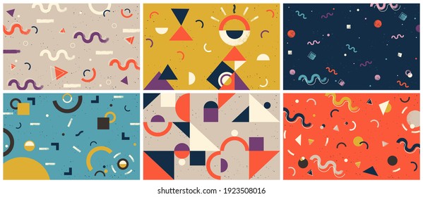 A set of abstract design decorated flat vector backgrounds with figures of geometric shapes texture. Colorful modern pattern with minimal design. Retro art for covers, banners, flyers and posters