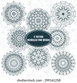 Set of abstract design element. Round mandalas in vector. Graphic template for your design. Decorative retro ornament. Hand drawn background with flowers.