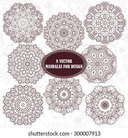 Set of abstract design element. Round mandalas in vector. Graphic template for your design. Decorative retro ornament. Hand drawn background with flowers.