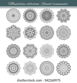 Set of abstract design element. Round mandalas in vector. Graphic template for your design. Decorative retro ornament. Hand drawn background with flowers.