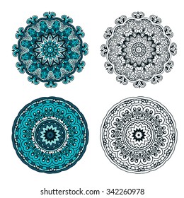 Set of abstract design element. Round mandalas in vector. Graphic template for your design. Decorative retro ornament. Hand drawn background with flowers.