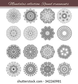 Set of abstract design element. Round mandalas in vector. Graphic template for your design. Decorative retro ornament. Hand drawn background with flowers.