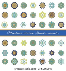 Set of abstract design element. Round mandalas in vector. Graphic template for your design. Decorative retro ornament. Hand drawn background with flowers.