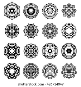 Set of abstract design element. Round mandalas in vector. Graphic template for your design. Decorative retro ornament. Hand drawn background with flowers.