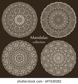 Set of abstract design element. Round mandalas in vector. Graphic template. Decorative retro ornament. Hand drawn. Vector Ethnic Oriental Circle Ornament