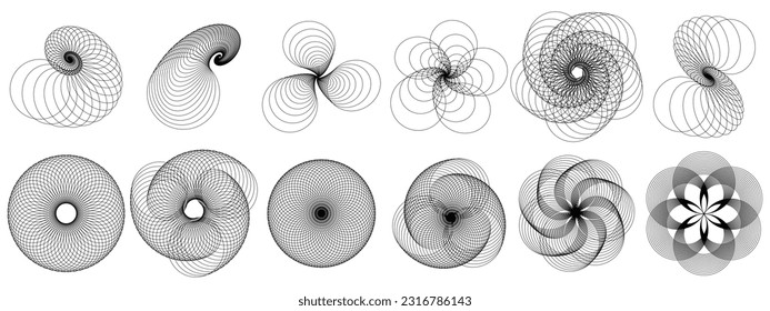 Conjunto de elementos de diseño abstracto. Formas geométricas. Círculo en espiral con líneas como icono, logotipo o elemento de diseño. Ilustración del vector EPS 10