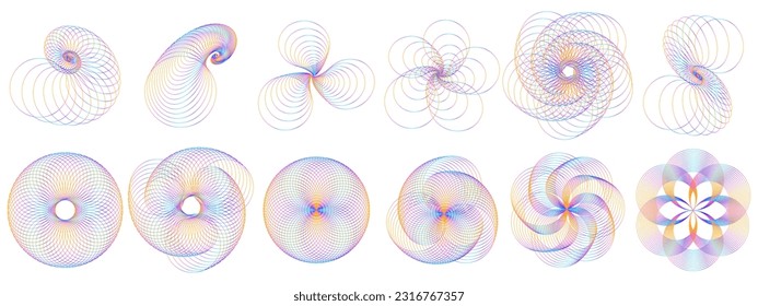 Set of abstract design elements. Abstract glow wavy stripes. Circle in spiral with lines as icon, logo or design element. Vector illustration EPS 10