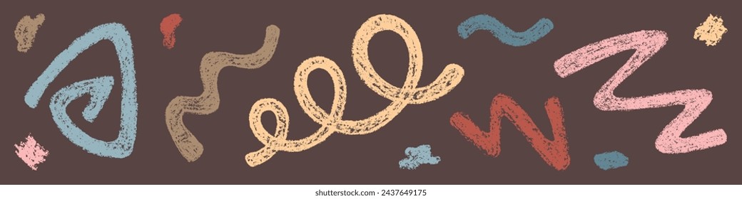 Set of Abstract Design Elements Hand-drawn Scrawls of Different Colors Isolated on Dark Brown Backdrop. Style of Children's Drawing. Kit of Textured Drawn Simple Doodles Symbols.