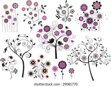 Conjunto de elementos florales de diseño abstracto. Todos los elementos y texturas son objetos individuales. Escala de ilustración vectorial a cualquier tamaño.