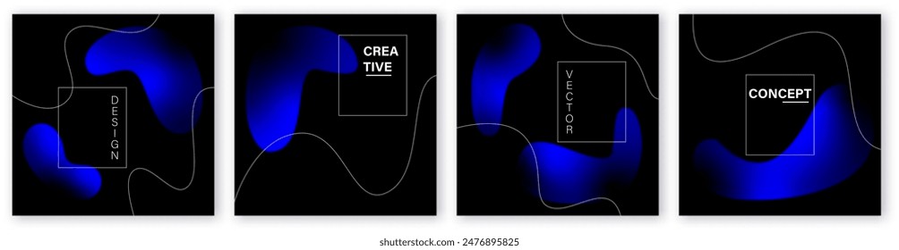 Set of abstract design neon gradient blue shapes on black background. Creative hand drawn vector templates, cards, background, posters, banners.
