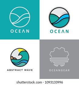Set of Abstract design of ocean logo with waves and seagulls. Vector illustration