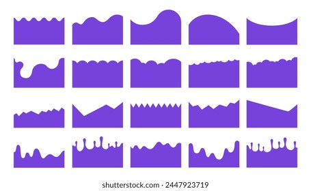 Conjunto de encabezado y borde de separador de diseño abstracto para Sitio web y App. Formas divisorias superior e inferior para la página de Web. Diferentes bordes para el Sitio web, Anuncio, App, cartel, fondo