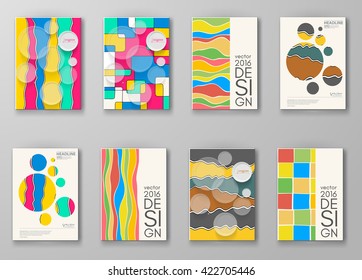 Set of abstract design templates. Brochures unusual color shapes style. Vintage frames and backgrounds. Vector Illustration.