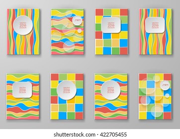 Set of abstract design templates. Brochures unusual color shapes style. Vintage frames and backgrounds. Vector Illustration.