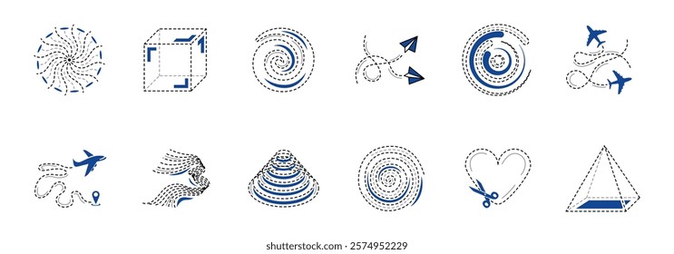 Set of abstract designs featuring geometric shapes and airplane flight paths, using blue and grey lines.