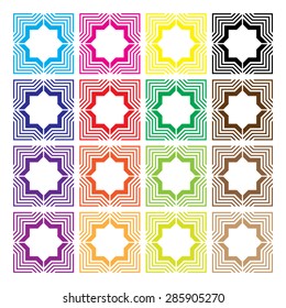 Set of abstract designs. star inside a square. Lines break from the middle 