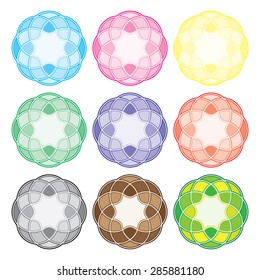 Set of abstract designs that made with stars inside a sphere.  The design inspire sun or flower.