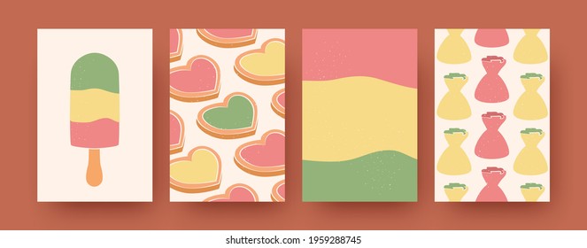 Set of abstract dessert elements in pastel colors. Cookies, truffles, ice cream templates in vector illustrations. Sweet food and confectionery concept for social media, postcards, invitation cards