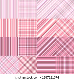 Set abstract diagonal striped seamless pattern with white, gray and pink strips, vector eps 10