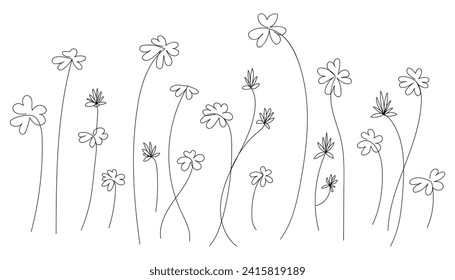 Set of abstract different flowers and leaves clover drawn by one line. Sketch branches. Continuous line drawing botanical art.