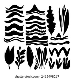 Conjunto de formas abstractas y diferentes. Colección de símbolos y signos distorsionados creativos. Elementos de diseño gráfico vectorial. 