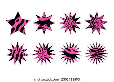 Set of abstract different shapes of stars with animal skin texture. Hot pink figures with black patterns. Collection for memphis, y2k. Vector illustration for retro design.