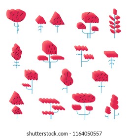 set of abstract dimensional trees, plants, leaves, vector illustration