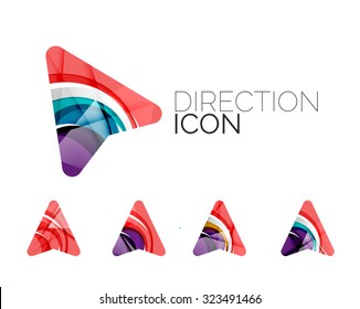 Set of abstract directional arrow icons, business logotype gps concepts, clean modern geometric design. Created with transparent abstract wave lines