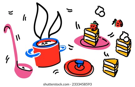 A set of abstract dishes. Soup in a saucepan with a ladle and lid and a piece of cake on a plate decorated with cream and strawberries. A simple children's doodle illustration