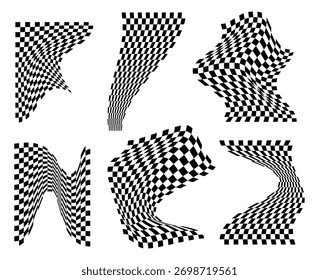 Conjunto de padrões de tabuleiro de xadrez distorcidos abstratos. Elementos de grade ondulados, curvos e torcidos em preto e branco criam uma ilusão óptica 3D hipnótica e um plano de fundo dinâmico de bandeiras de corridas.
