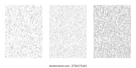 Set of abstract distressed monochrome textures: gritty grain, vertical scratches, and halftone noise backgrounds.