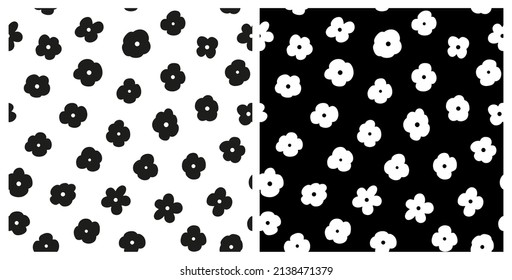 Set of abstract ditsy daisy seamless repeat pattern. Random placed, vector monochrome flowers all over print.