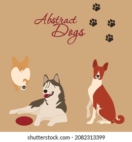 Set of abstract dogs in minimalistic style. Corgi, basenji, husky. Vector Illustration.