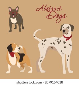 Set of abstract dogs in minimalistic style.Beagle, dalmatian, french bulldog. Vector Illustration.