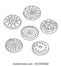 A set of abstract donuts drawn with one line. Vector illustration, continuous line, minimalism, lineart. Design element, embroidery, logo, emblem for packaging