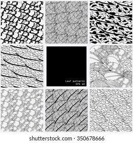 Set of abstract doodle background pattern in vector with autumn leaves. Black and white background. Coloring book. Monochrome.