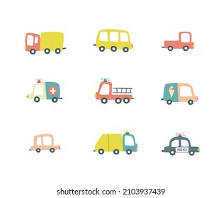 Set of abstract doodle cars. Baby transport cartoon collection of prints for nursery design.