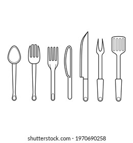 Set Abstract Doodle Collection Spoon Fork Kitchen Tools Logo Vector Symbol Icon Design Style