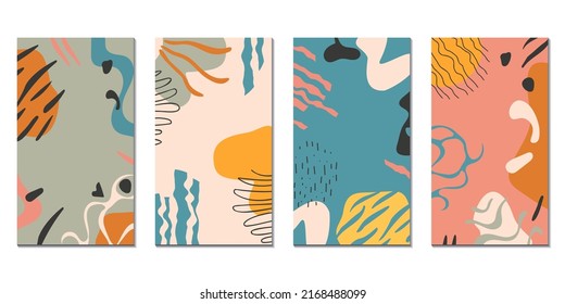 Dibujar un doodle abstracto en el arte mural contemporáneo. Dibujar formas orgánicas a mano en las plantillas de medios sociales. Afiches modernos con patrón animal, manchas irregulares, cintas, trazos, líneas onduladas neuro ilustración vectorial