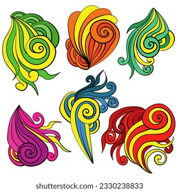 Conjunto de rizos de doodle abstractos con elementos coloridos brillantes, espirales decorativas para ilustración vectorial de diseño