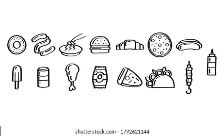 Set Abstract Doodle Elements Hand Drawn Collection Fast Food Pizza Hamburger Snack Drink Croissant Sketch Vector Design Style Background Menu Illustration Icons
