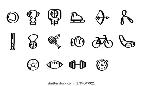Set Abstract Doodle Elements Hand Drawn Collection Sport Hockey Dumbbell Cup Bicycle Medal Sketch Vector Design Style Background Healthy Lifestyle Fitness Illustration Icons